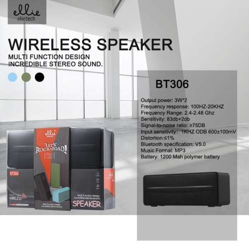 Wireless speaker 3w*2 rettangolare funzioni USB，TF，FM，Nero/Verde/Blu chiaro BT306