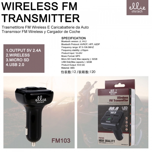 Trasmettitore FM wireless bluetotth con vivavoce 2 prese usb Nero FM103