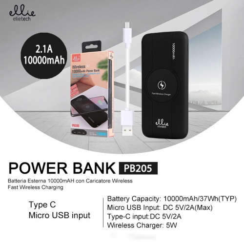 Power bank caricatore portatile 10000mAh con carica veloce senza filo Nero/Bianco/Blu/Rosso PB205