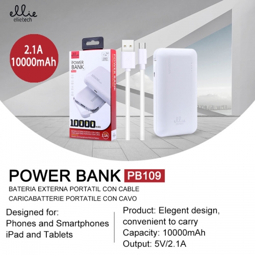 Power bank portatile con cavo 10000mAh 2.1A,Bianco PB109