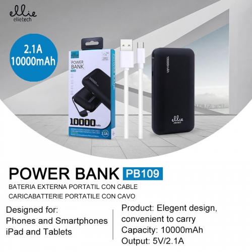 Power bank portatile con cavo 10000mAh 2.1A Nero PB109