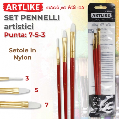 Set 3 pennelli artistici setole in nylon punta 7-5-3 art.7870279