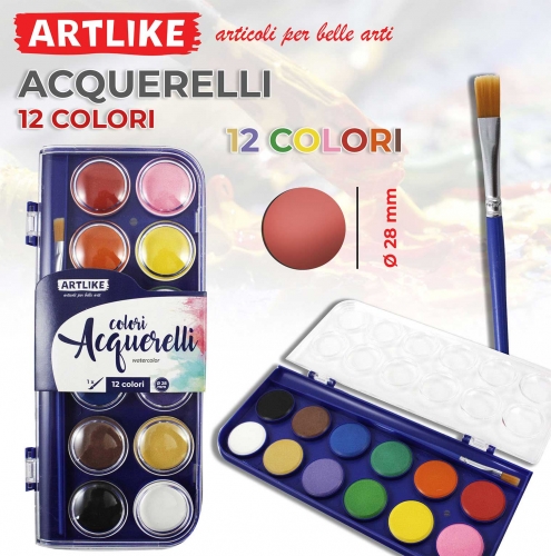 Set colori acquerelli 12/28 colori 28mm con 1 pennello