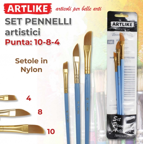 Set 3 pennelli artistici setole in nylon punta 10-8-4 art.7870274