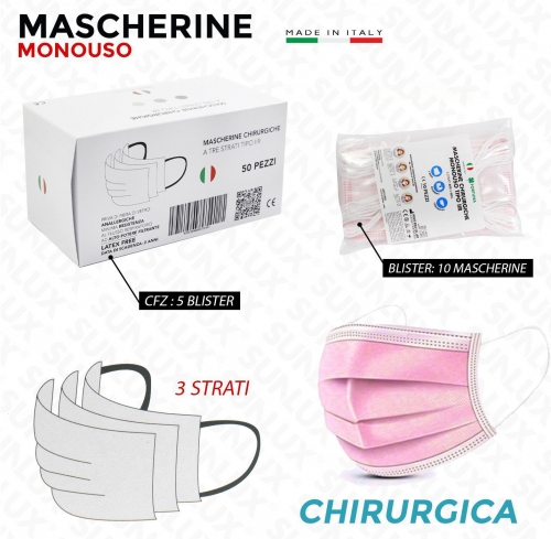 Mascherine chirurgiche 3 stratti rosa 50pezzi