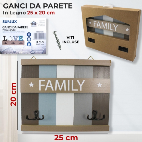 GANCI DA PARETE IN LEGNO 25*20CM 2GANCI  FAMILY