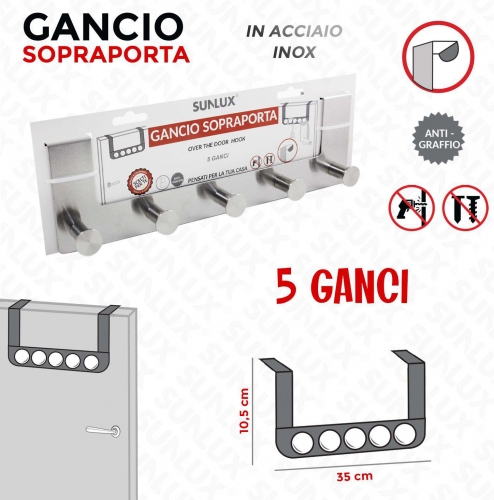GANCIO SOPRAPORTA ACCIAIO INOX 5GANCI 35*10.5CM