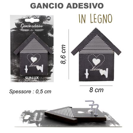 GANCIO ADESIVO IN LEGNO A CASA 8*8.6CM