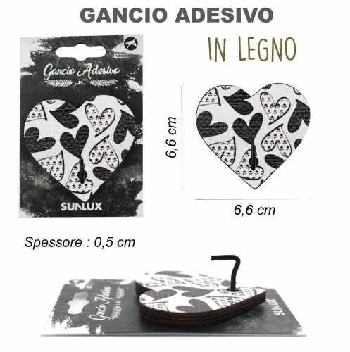 GANCIO ADESIVO IN LEGNO CUORE 6.6*6.6CM