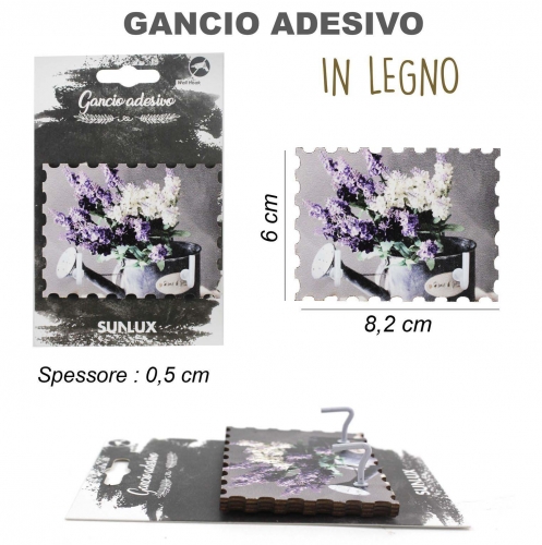 GANCIO ADESIVO IN LEGNO RETTANGOLO 8.2*6CM  LAVANDA