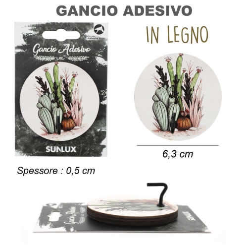 GANCIO ADESIVO IN LEGNO ROTONDO 6.3*6.3CM  CACTUS