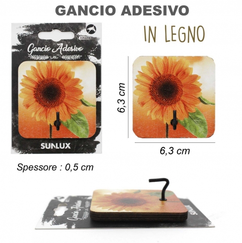 GANCIO ADESIVO IN LEGNO QUADRATO 6.3*6.3CM  GIRASOLE