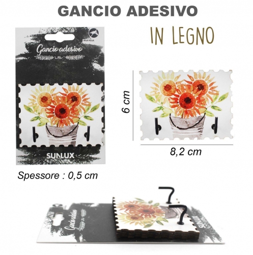 GANCIO ADESIVO IN LEGNO RETTANGOLO 8.2*6CM  GIRASOLE