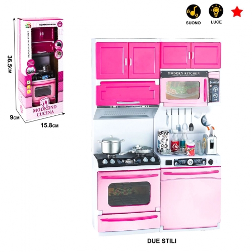 MINI CUCINA ROSA E COMBINAZIONE DI STOVIGLIE