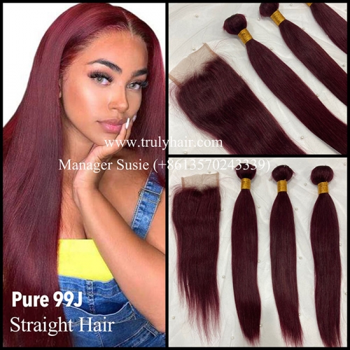 Color 99J straight human hair with free closure