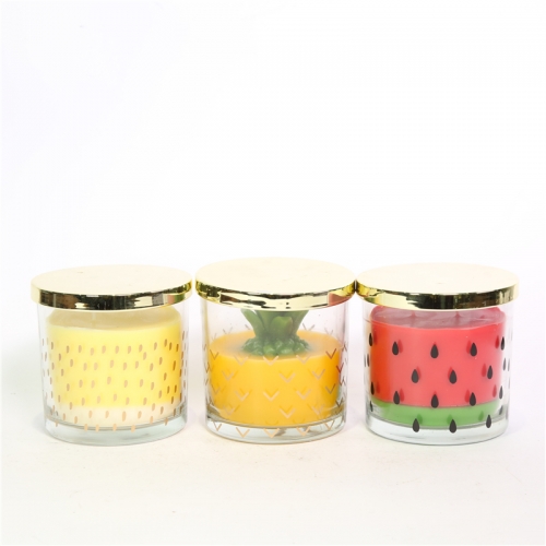 DESCRIPTION:
  D10X10CMH SCENTED GLASS CANDLE W/METAL LID  WAX COLOR/SCENT  1)YELLOW W/PINEAPPLE LEAVES/GOLDEN PINEAPPLE;2)RED/WATERMELON MARGARITA3)YELLOW/LEMON
