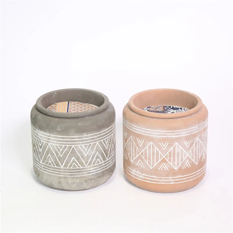 DESCRIPTION:
  D15X15CMH  CEMENT SCENTED CANDLE  COLOR/SCENT  1)TERRACOTTA/PATCHOULI；2)GREY /TEA WOOD；