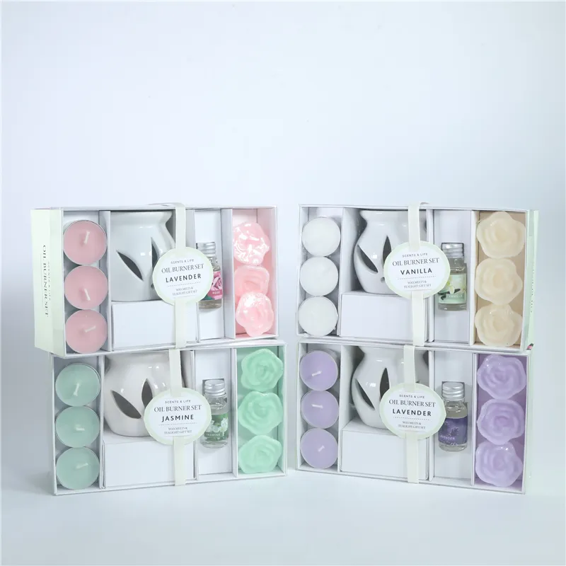 DESCRIPTION: 21X12X7.5CM 10ML ESSENTIAL OIL + WAX MELT BURNER GIFT SETS COLOR/SCENT  1)IVORY/VANILLA 2) PINK/ROSE 3)GREEN/JASMINE 4) PURPLE/LAVENDER