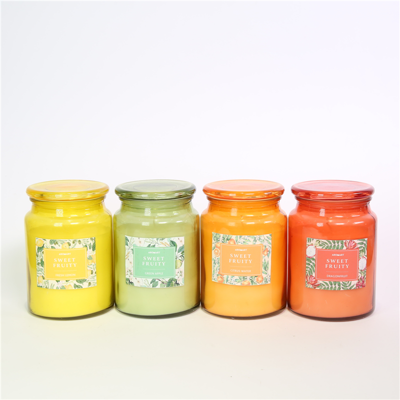 DESCRIPTION: D10.2X14.5CMH DECORATED SCENTED GLASS CANDLE W/LID  COLOR/SCENT:1)GREEN/GREEN APPLE；2)ORANGE/CITRUS WATER；3)YELLOW/FRESH LEMON；4)RED/DRAGONFRUITS
