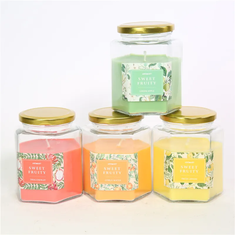 DESCRIPTION: D5.5X7CMH SCENTED GLASS CANDLE W/METAL LID  COLOR/SCENT:1)GREEN/GREEN APPLE；2)ORANGE/CITRUS WATER；3)YELLOW/FRESH LEMON；4)RED/DRAGONFRUITS