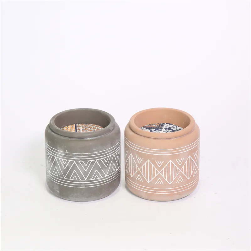 DESCRIPTION:
  D10X10CMH CEMENT SCENTED CANDLE  COLOR/SCENT  1)TERRACOTTA/PATCHOULI；2)GREY /TEA WOOD；