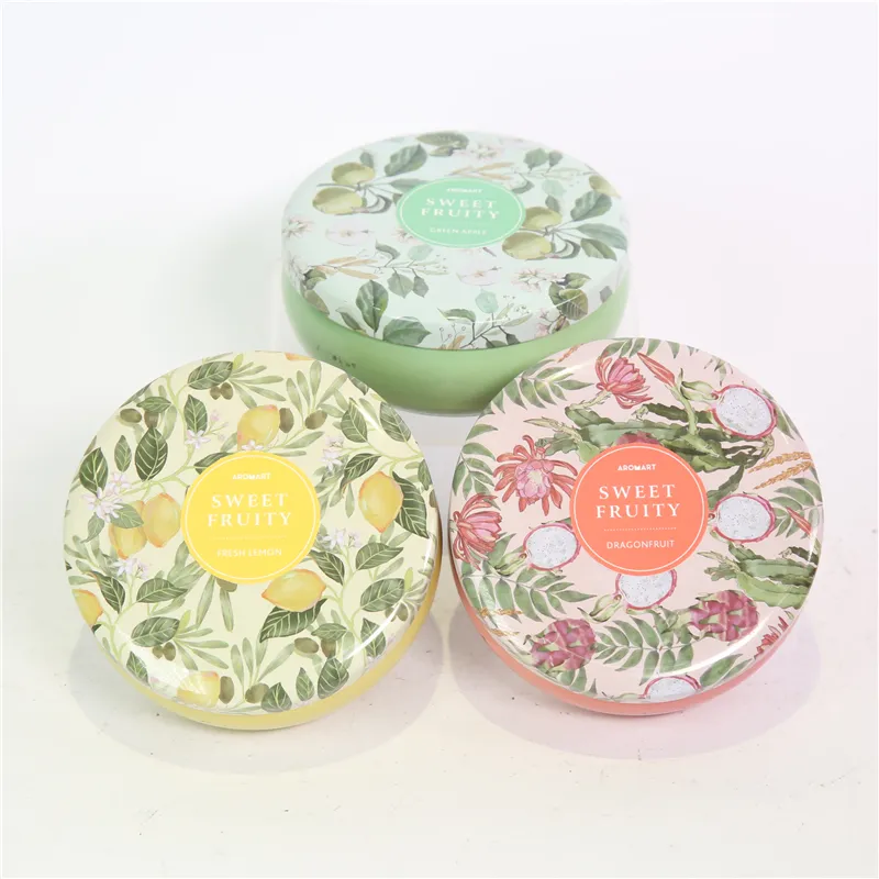 DESCRIPTION:
  D11X4.5CMH SCENTED TIN CANDLE  WAX COLOR  CREAM  DESIGN/SCENT  1)APPLE/GREEN APPLE；2)LEMON/FRESH LEMON；3)DRAGONFRUIT/DRAGON FRUIT