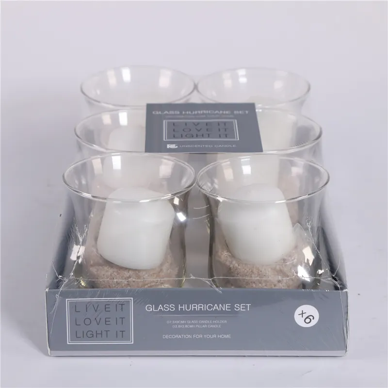 DESCRIPTION:
  S/6 D7.5X9CMH GLASS W/D3.8X3.8CM PRESSING CANDLE W/SAND  WAX COLOR  WHITE  SAND COLOR  WHITE