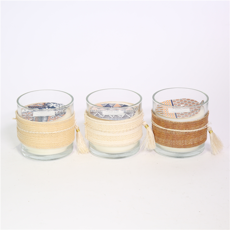 D10X10CMH SCENTED GLASS CANDLE IN NATURAL WEAVING HOLDER
