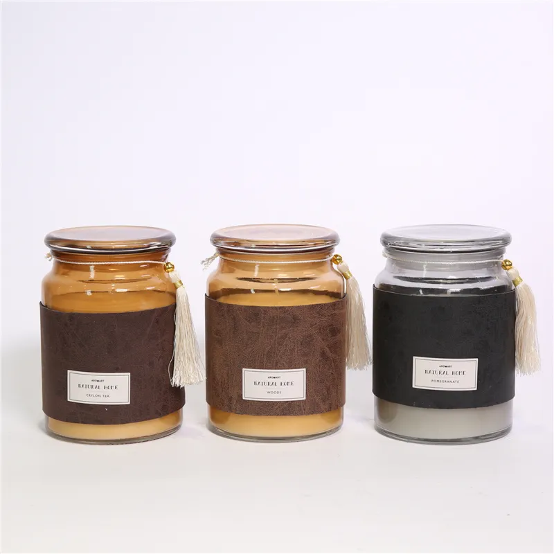DESCRIPTION:
  D9.7X14.5CMH DECORATED SCENTED GLASS CANDLE W/LID  WAX COLOUR  CREAM  COLOR/SCENT  1)GREY/POMEGRANATE； 2)BROWN/SEYLON TEA；3)LT.BROWN/WOODS