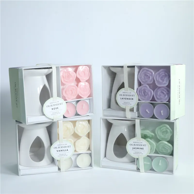 DESCRIPTION:
  D9X11CM WAX MELT BURNER GIFT SETS  COLOR/SCENT   1)IVORY/VANILLA  2) PINK/ROSE 3)GREEN/JASMINE 4) PURPLE/LAVENDER