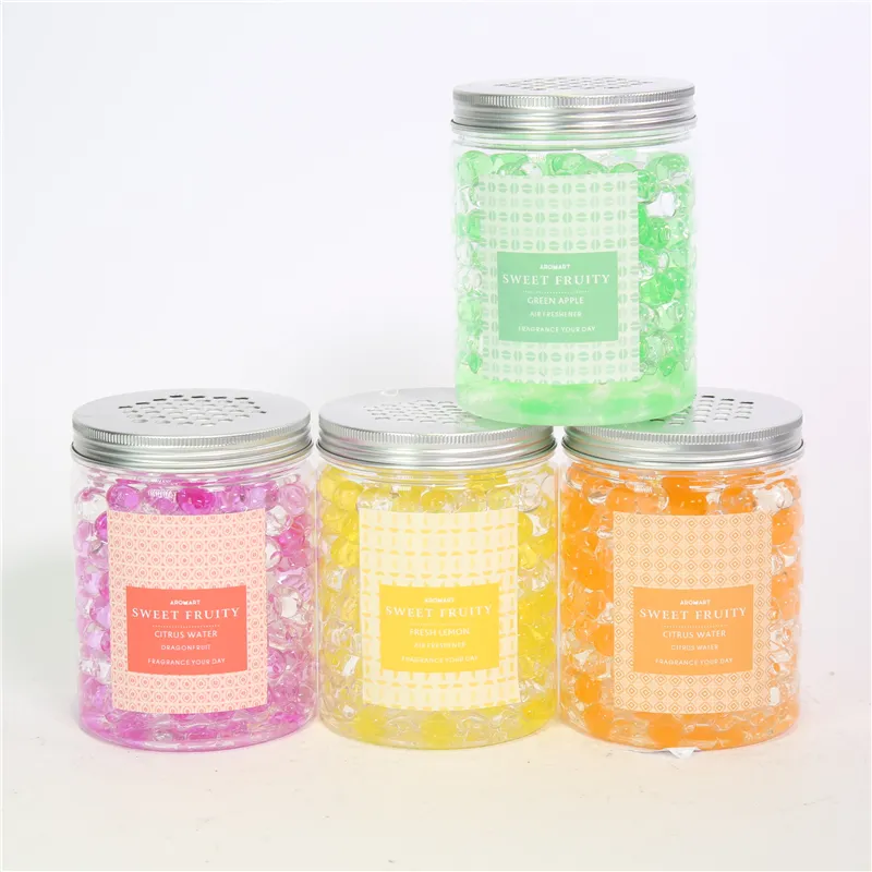 DESCRIPTION: D8.5X11CMH SCENTED GEL BEADS  COLOR/SCENT:1)GREEN/GREEN APPLE；2)ORANGE/CITRUS WATER；3)YELLOW/FRESH LEMON；4)RED/DRAGONFRUITS