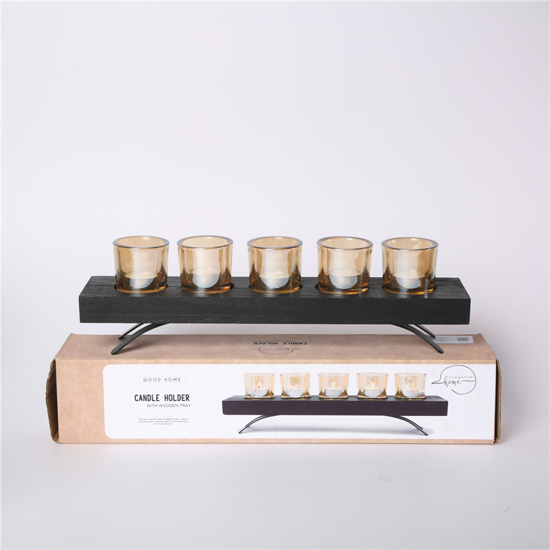 DESCRIPTION:
  44X9X6.5CMH CANDLE HOLDER WITH WOODEN TRAY W/5PCS D6.5X6CM AMBER GLASS CUP +5PCS WHITE TEALIGHT