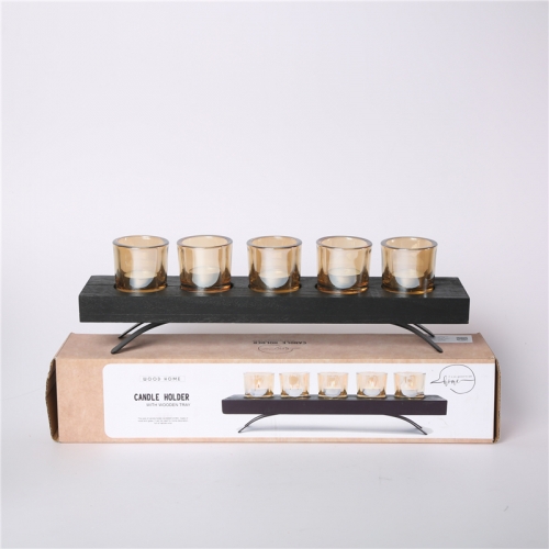 DESCRIPTION:
  44X9X6.5CMH CANDLE HOLDER WITH WOODEN TRAY W/5PCS D6.5X6CM AMBER GLASS CUP +5PCS WHITE TEALIGHT