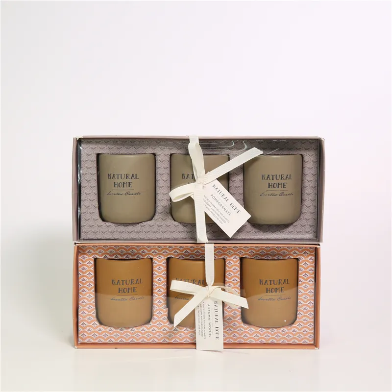 DESCRIPTION:
  S/3 D6.5X7.5CMH SCENTED DECORATED CEMENT CANDLE  COLOR/SCENT  1)GREY/POMEGRANATE；2)ORANGE/WOODS; 3)BRWN/POMEGRANATE