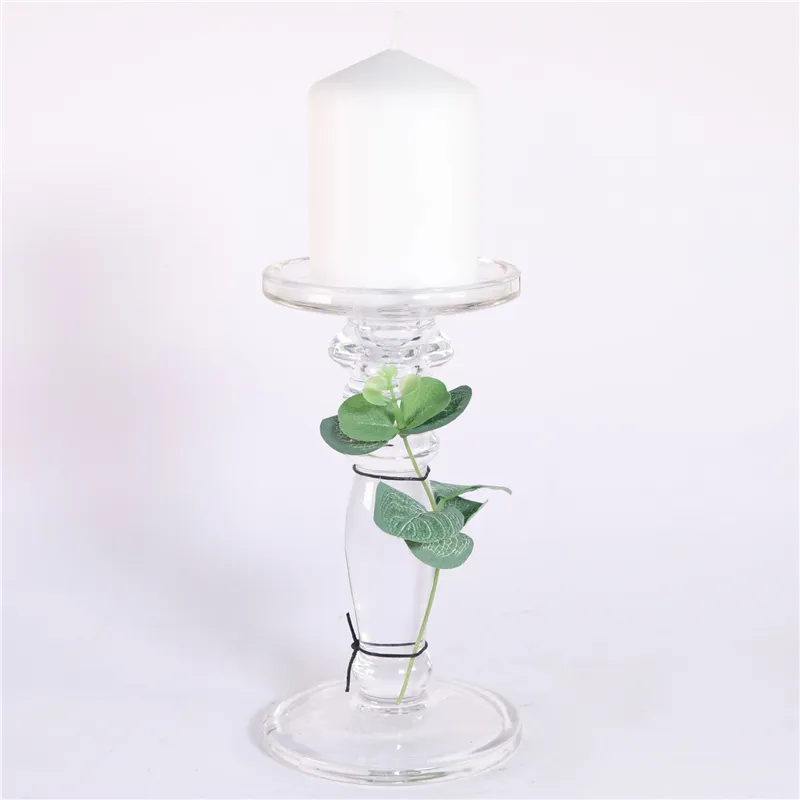 DESCRIPTION:
  D11X20.5CMH CLEAR GLASS CANDLE HOLDER W/D7X10CMH PRESSING CANDLE W/DECO.  WAX COLOR  WHITE  DECO.  LEAF