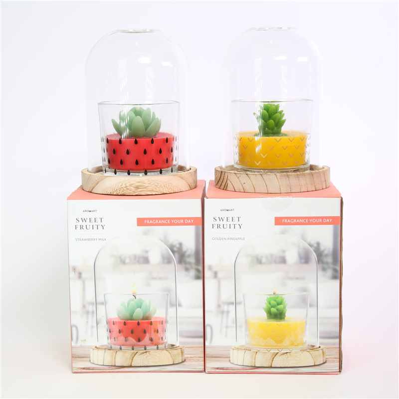 DESCRIPTION:
  D10X14.5CMH GLASS DOME+D11.3X1.8CMH WOODEN PLATE+D8X7.5CMH PRINTED SCENTED GLASS CANDLE  WAX COLOR/SCENT  1)YELLOW W/PINEAPPLE LEAVES/GOLDEN PINEAPPLE;2)RED W/FLOWER/STRAWBERRY MILK
