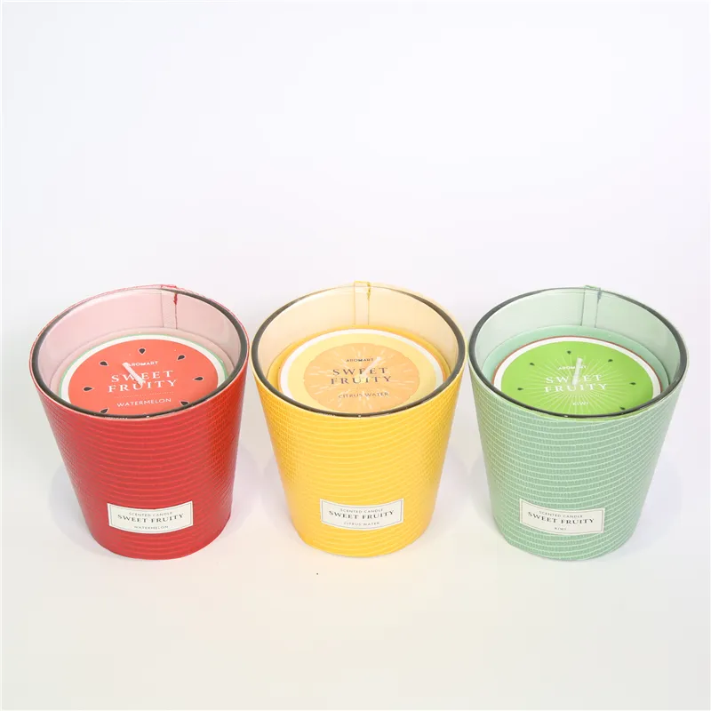 DESCRIPTION: D11X11CMH DECORATED SCENTED GLASS CANDLE  COLOR/SCENT:1)RED/WATERMELON & MARGARITA；2)GREEN/KIWI；3)ORANGE/CITRUS WATER
