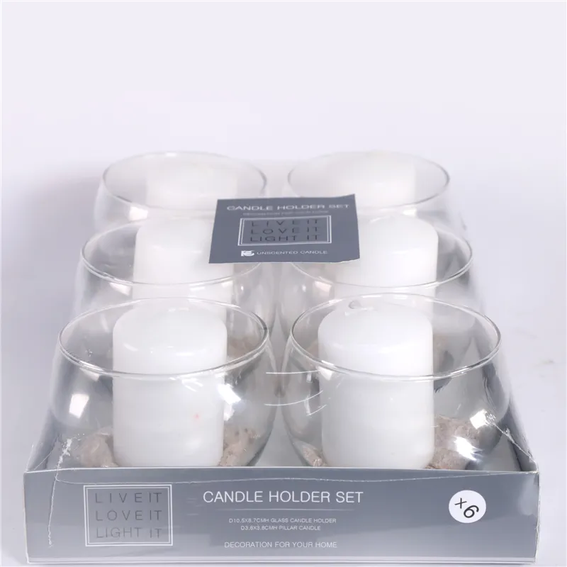 DESCRIPTION:
  S/6 D10.5X8.7CMH GLASS W/D5X7.5CMH PRESSING CANDLE W/SAND  WAX COLOR  WHITE  SAND COLOR  NATURE