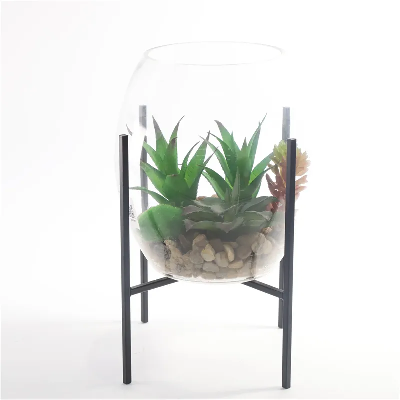 DESCRIPTION: D20X14.5CMH EGG SHAPED GLASS WITH ARTIFICAL PLANT AND METAL HOLDER GLASS SIZE 17X20CMH METAL SIZE 20X14.5X22CMH