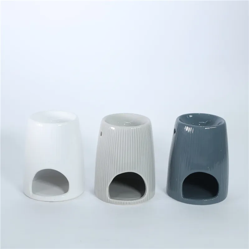 DESCRIPTION: D10x12.5cm LINE TRAPEZOID CERAMIC OIL BURNER   COLOR: 1)WHITE 2)LIGHT GREY 3) DARK GREY