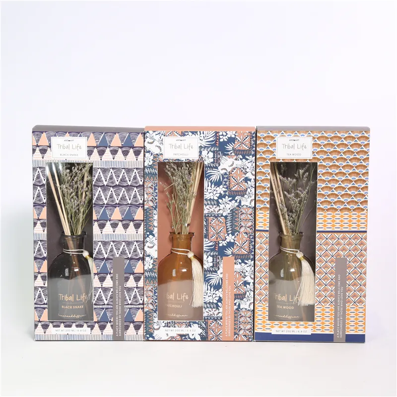 DESCRIPTION:
  D6.5X13CMH DECORATED DIFFUSER BOTTLE W/200ML PET DIFFUSER+FLOWER DECO+6PCS RATTAN  COLOR/SCENT  1)TERRACOTTA/PATCHOULI；2)WARM GREYCOOL /TEA WOOD；3)GREY /BLACK SNAKE
