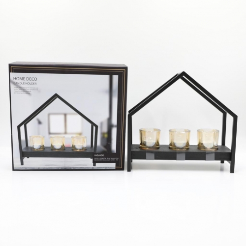 30.2X12X28CMH CANDLE HOLDER WITH WOODEN TRAY W/3PCS D6.5X6CM AMBER GLASS CUP +3PCS WHITE TEALIGHT