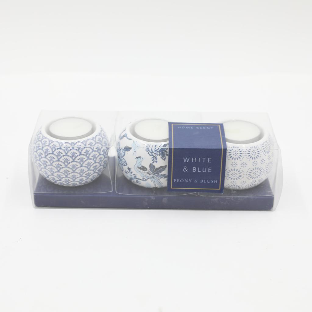 S/3 D7X4.5CMH DECAL CERAMIC TEALIGHT HOLDER+3PCS D3.72CM SCENTED TEALIGHT