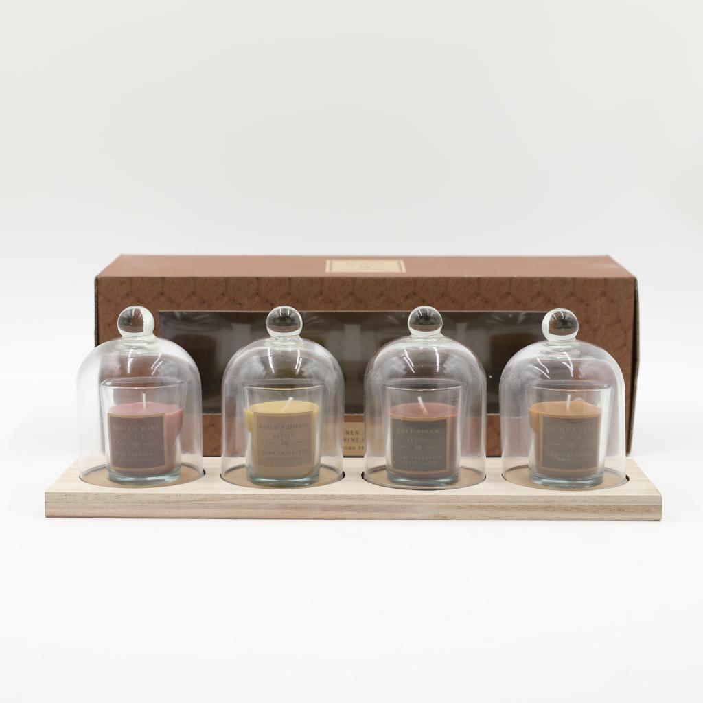 36X9.7X1.5CMH WOODE BASE+4PCS D7.5X11CMH GLASS DOME+4PCS D5X6CMH SCENTED GLASS CANDLE