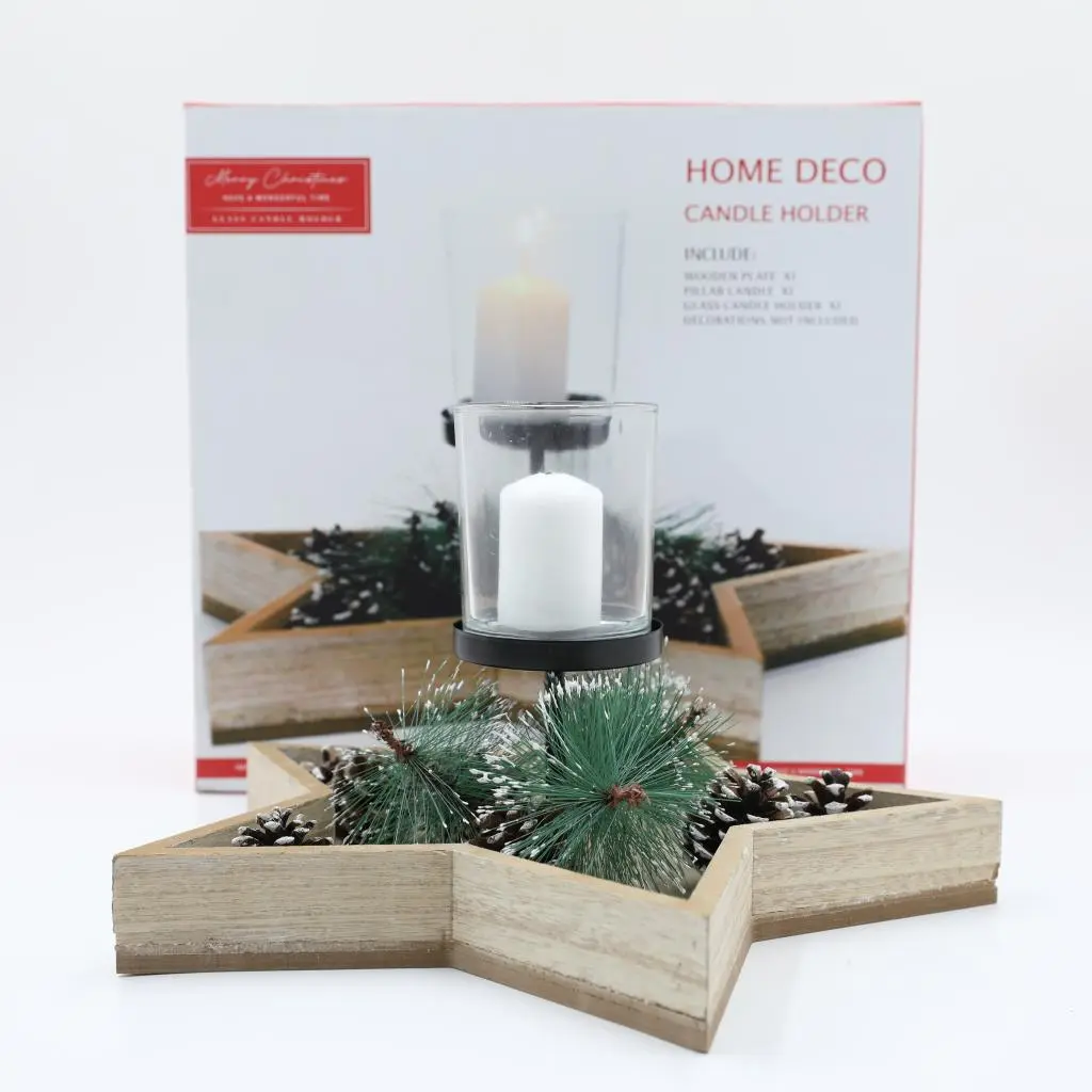 30X30X10CM STAR SHAPED WOODEN PLATE W/D7.5X9CM GLASS CANDLE HOLDER