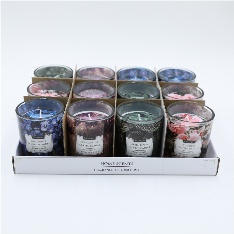 D6.2X7.5CMH DECORATED SCENTED GLASS CANDLE