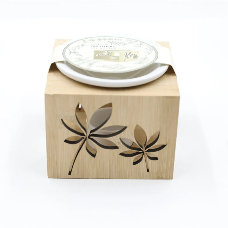 12X12X9CM BAMBOO HOLDER W/CERAMIC BURNER OIL SET