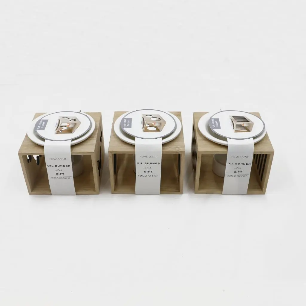 12X12X9CM BAMBOO HOLDER W/CERAMIC BURNER OIL SET