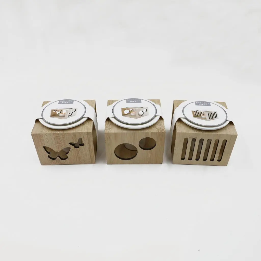 12X12X9CM BAMBOO HOLDER W/CERAMIC BURNER OIL SET