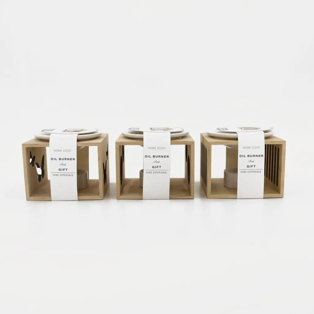 12X12X9CM BAMBOO HOLDER W/CERAMIC BURNER OIL SET